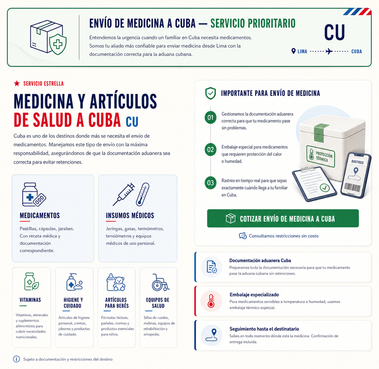 Servicio prioritario de envío de medicamentos, vitaminas, insumos médicos, artículos para bebés y equipos de salud a Cuba.