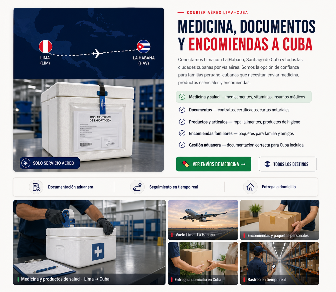 Servicio aéreo Lima–Cuba para medicina, documentos, productos y encomiendas, con gestión aduanera, rastreo y entrega a domicilio.